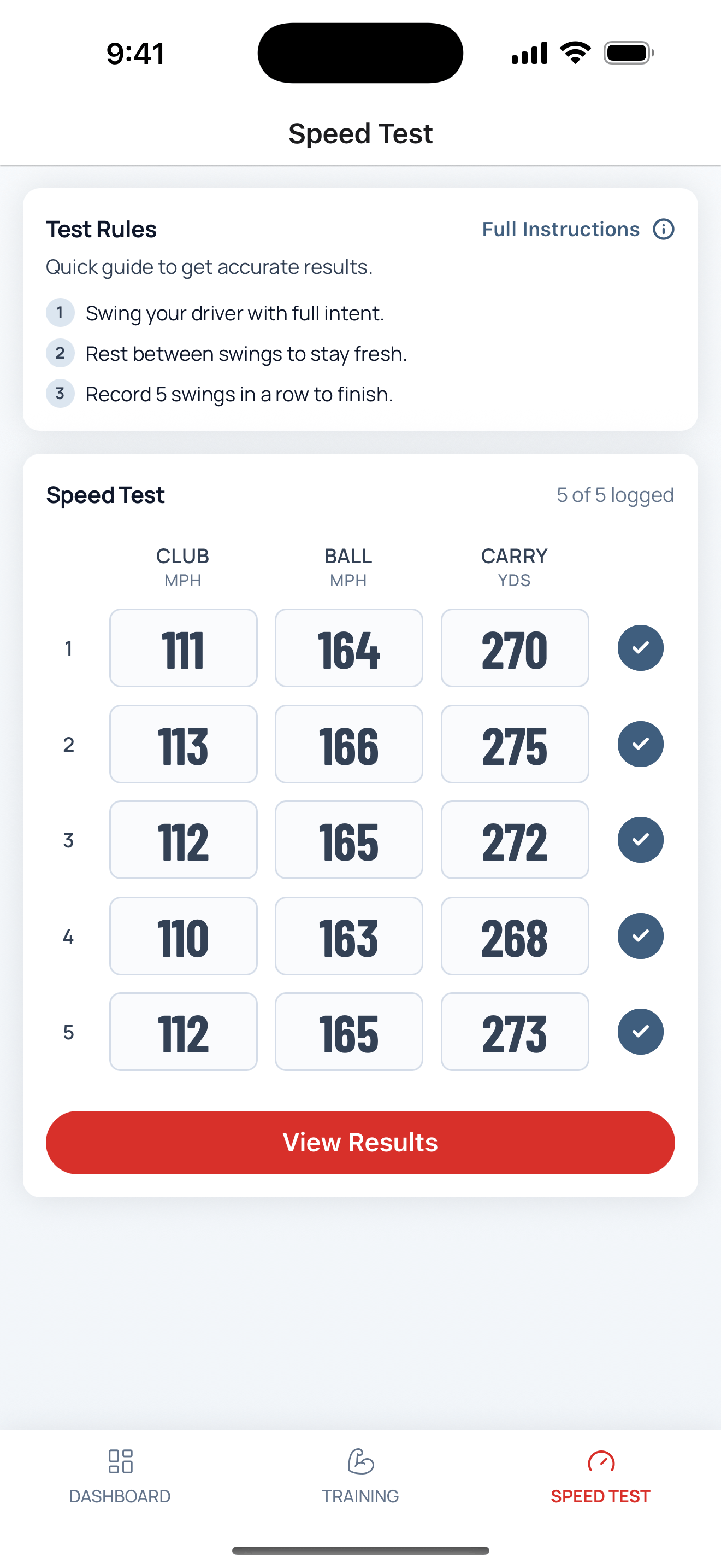 Speed test screen showing 5-swing protocol with club speed, ball speed, and carry distance