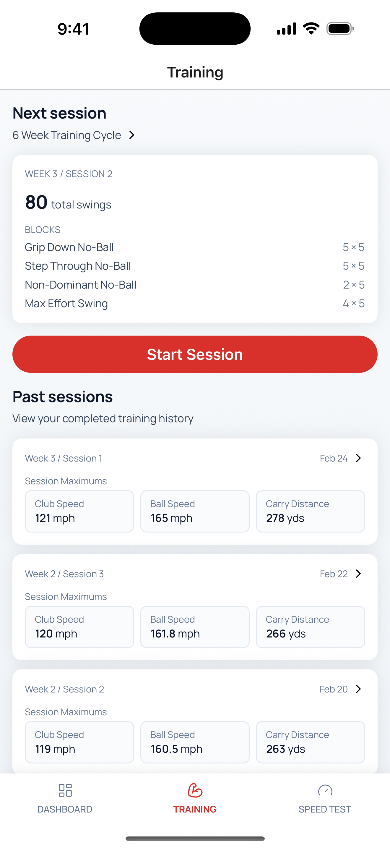 Training session view showing workout blocks and past session history